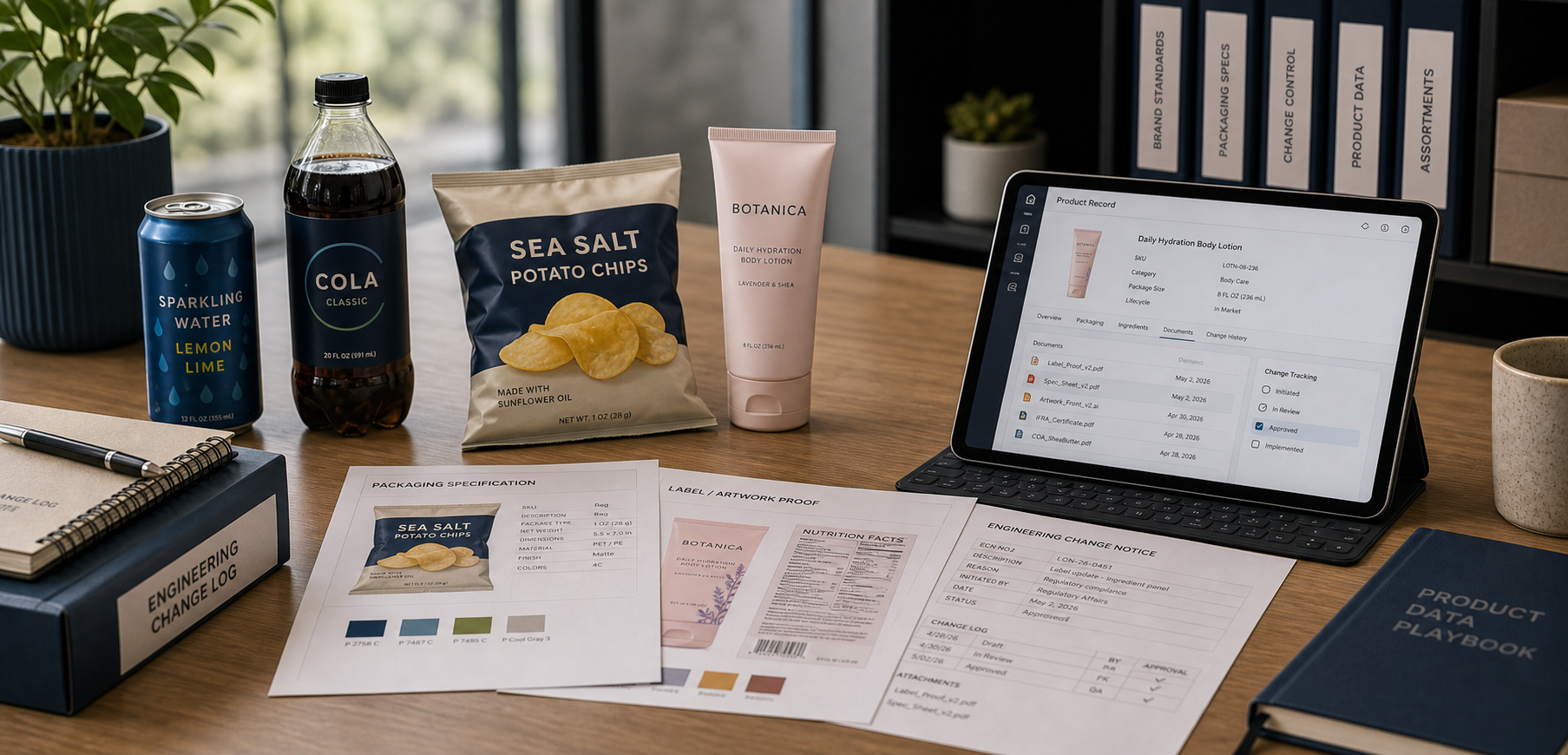 Product data management and engineering change support for consumer products and packaging workflows